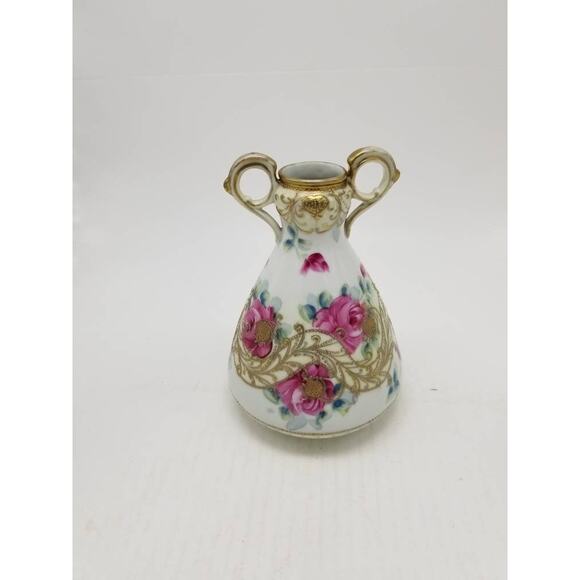 Antique Nippon Vase, Moriage Hand Painted, Pink Roses, (Repaired) - Picture 3 of 8